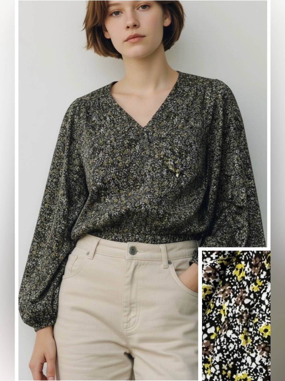 NWT Knotsisters V-Neck Long Sleeve Floral Blouse, Black with smocked waistband - Picture 1 of 9